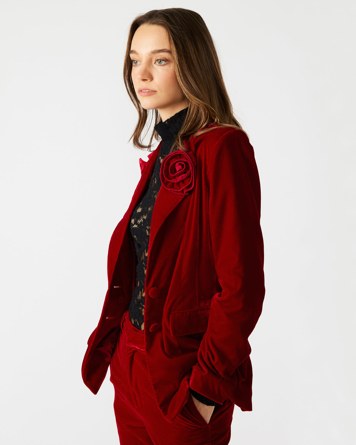 MERENE Blazer Red | Women's Long-Sleeved Button-Up Velvet Blazer