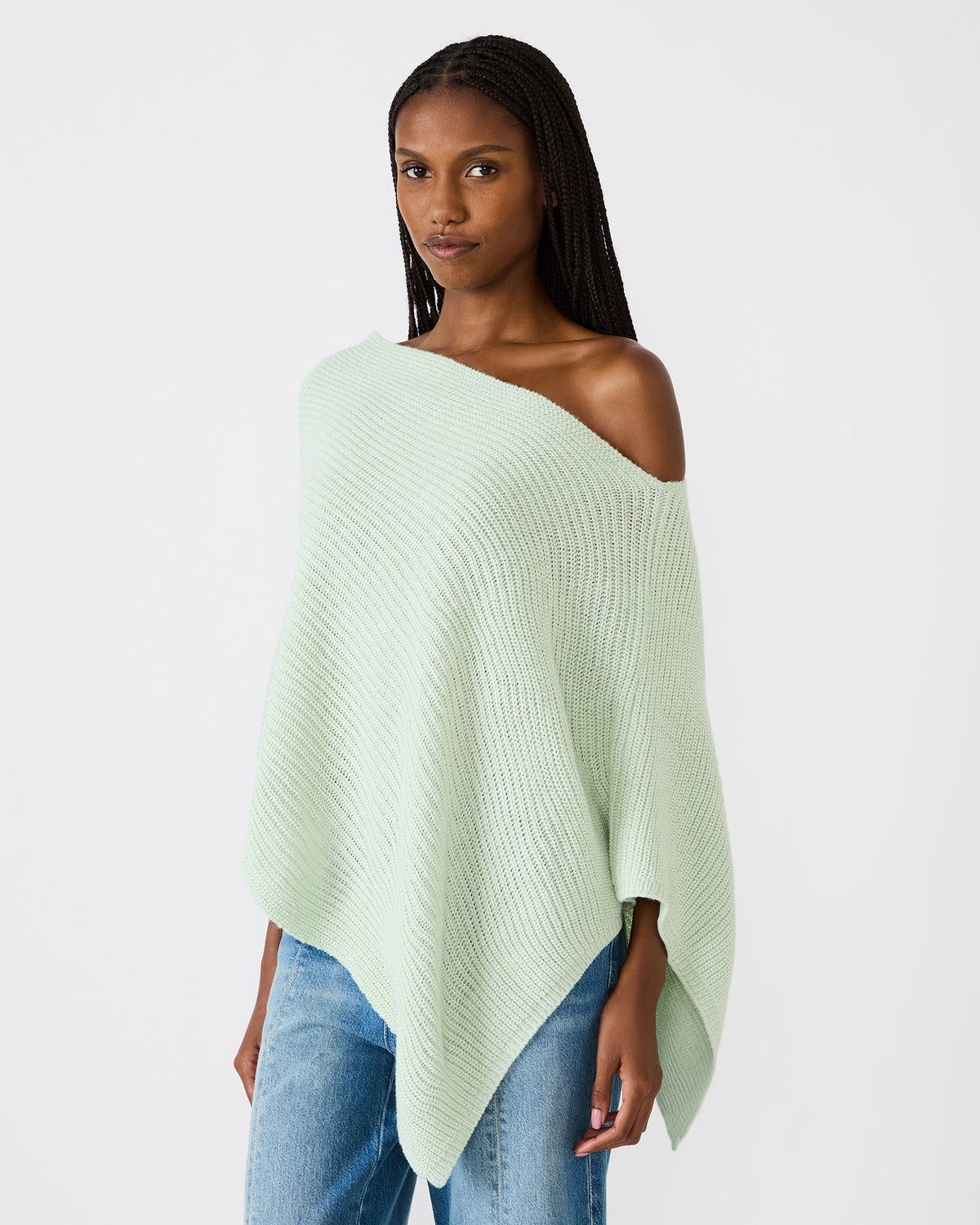 CHANNING Bay Green Asymmetrical Knit Poncho Women's Top