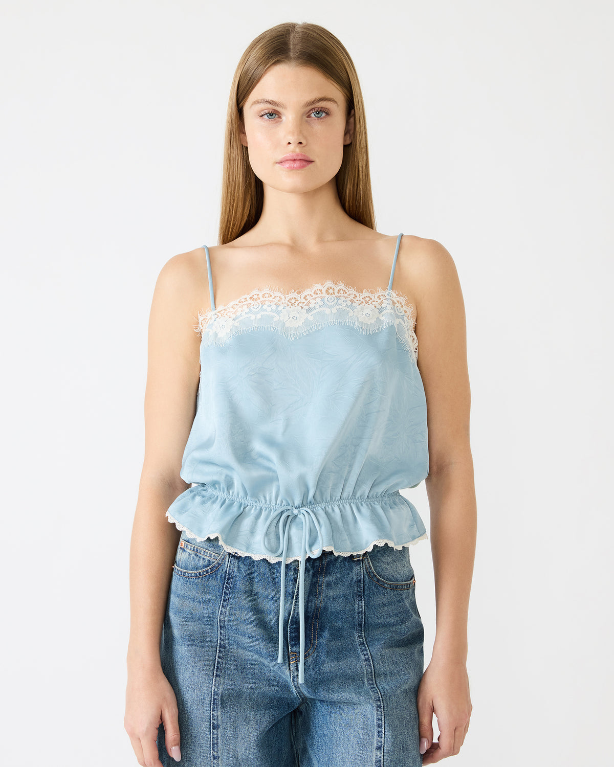 ROAN Dusty Blue Sleeveless Lace Trime Cinched Waist Women's Top