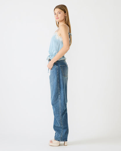 ROAN Dusty Blue Sleeveless Lace Trime Cinched Waist Women's Top