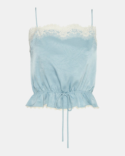 ROAN Dusty Blue Sleeveless Lace Trime Cinched Waist Women's Top