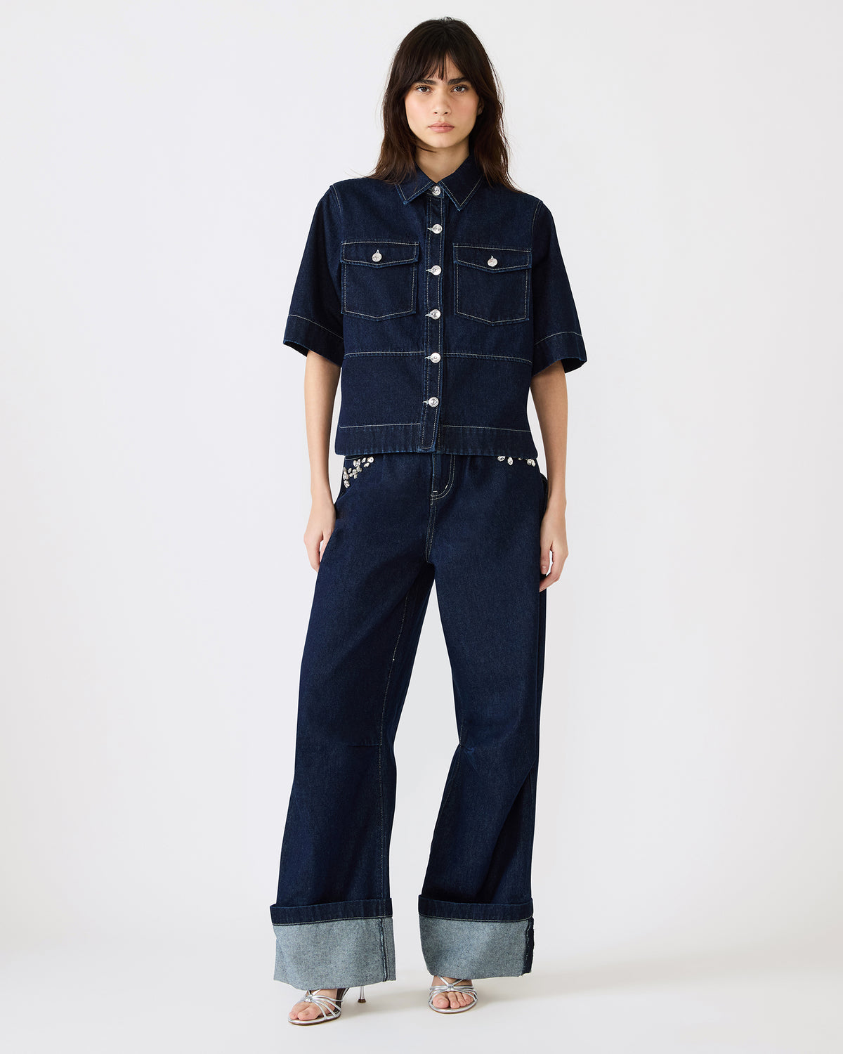 ELIANA Bijou Blue Short-Sleeved Button-Up Denim Women's Top