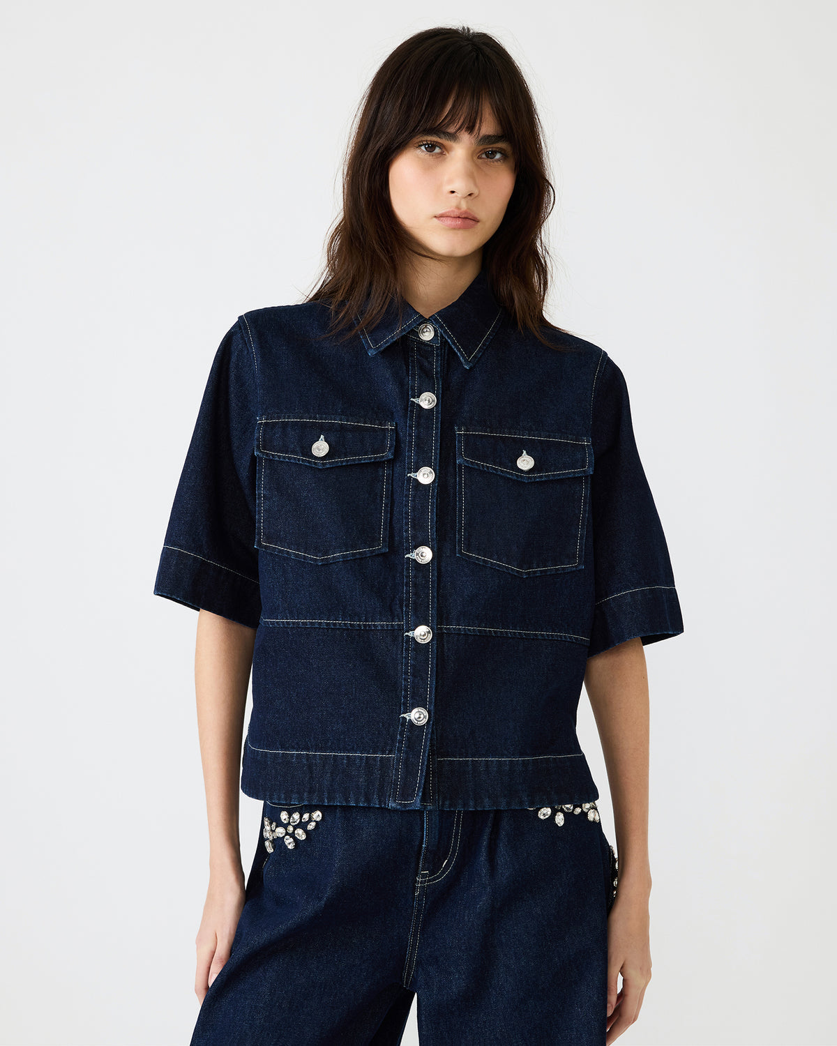 ELIANA Bijou Blue Short-Sleeved Button-Up Denim Women's Top