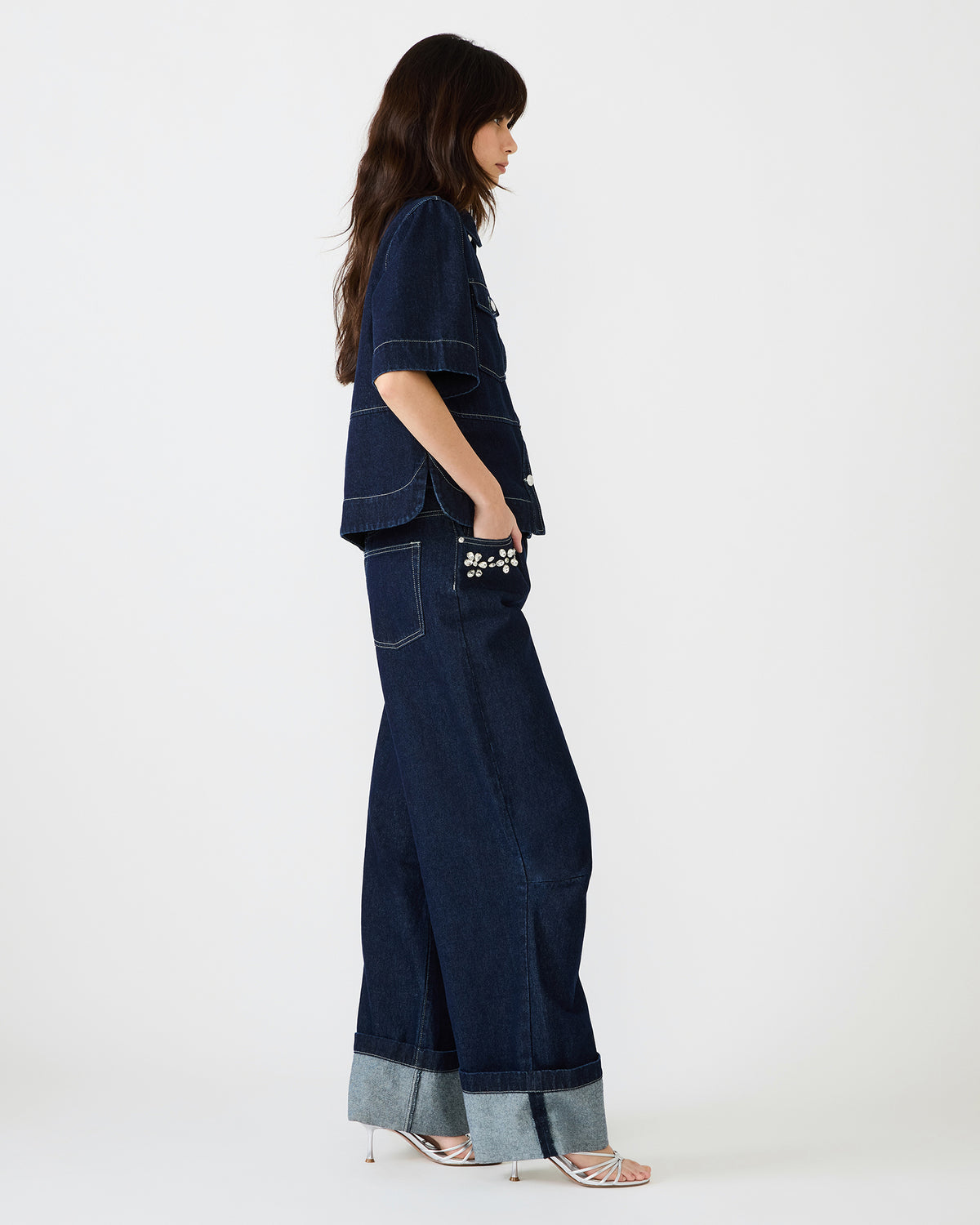 ELIANA Bijou Blue Short-Sleeved Button-Up Denim Women's Top