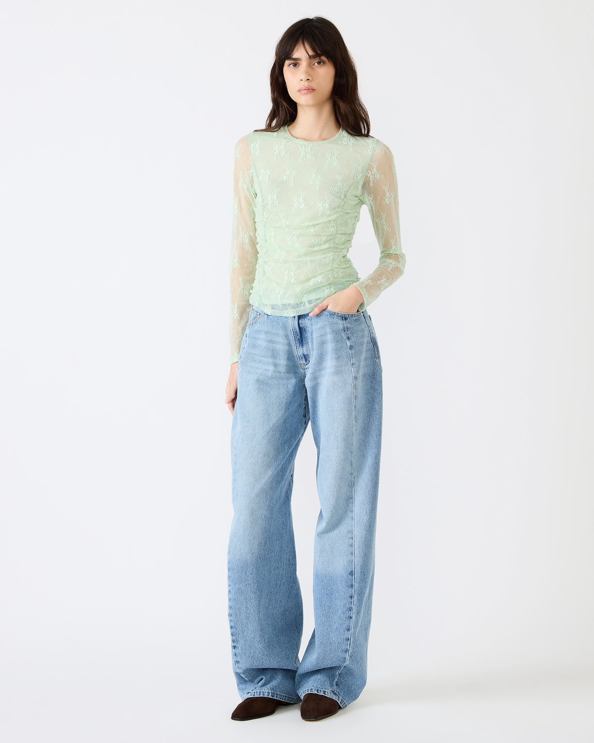 LUMA Bay Green Long-Sleeved Mesh Lace Women's Top