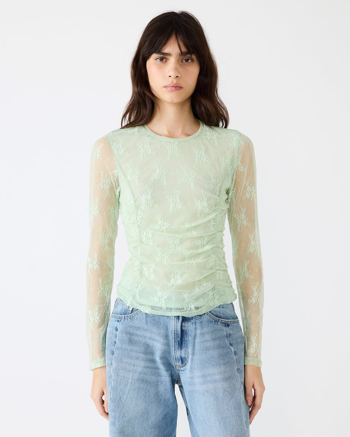 LUMA Bay Green Long-Sleeved Mesh Lace Women's Top