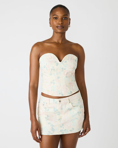 ROSELIA Peach Beige Floral Print Denim Strapless Corset Women's Top