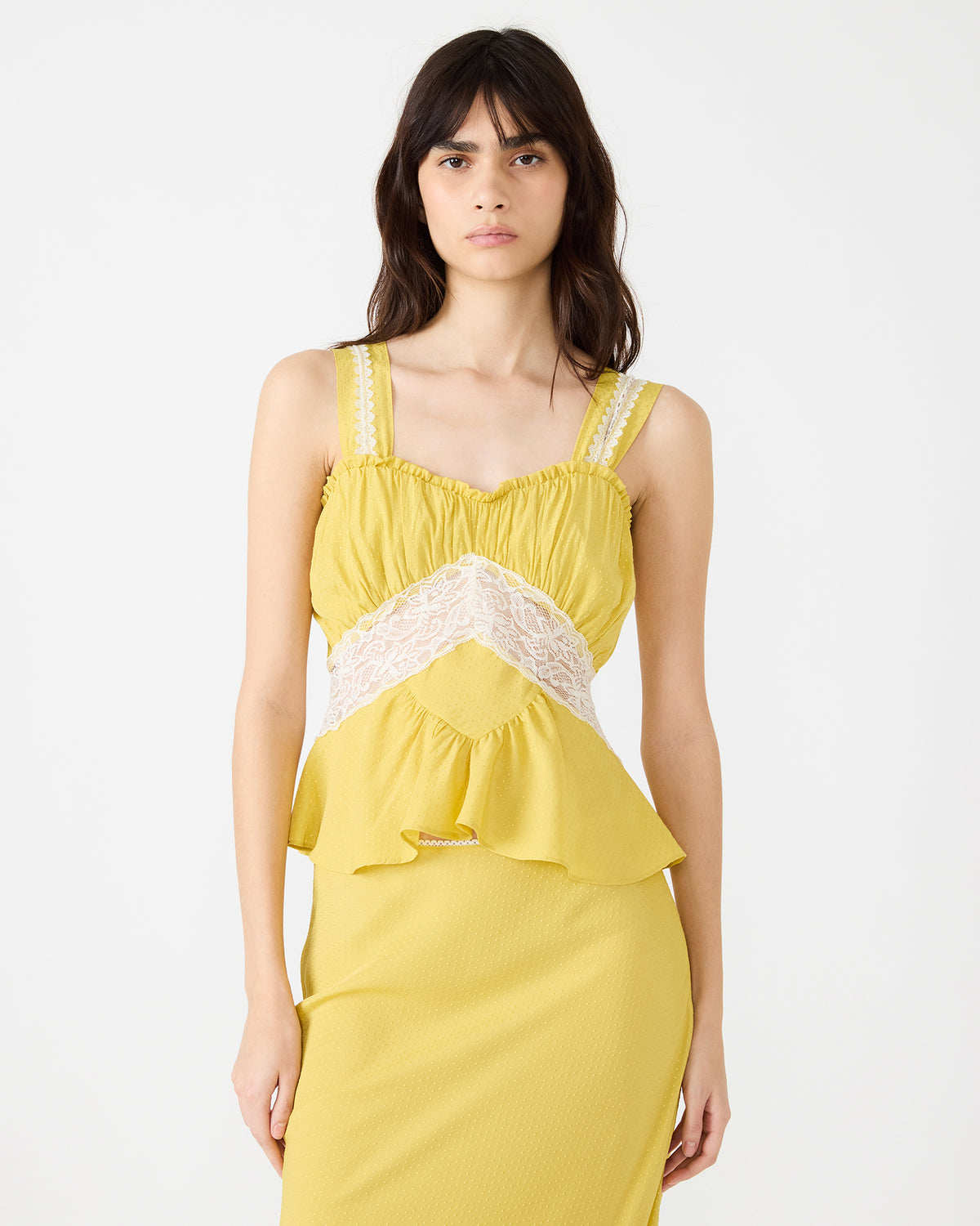 CINTHIA Golden Lime Sleeveless Lace Trim Women's Top
