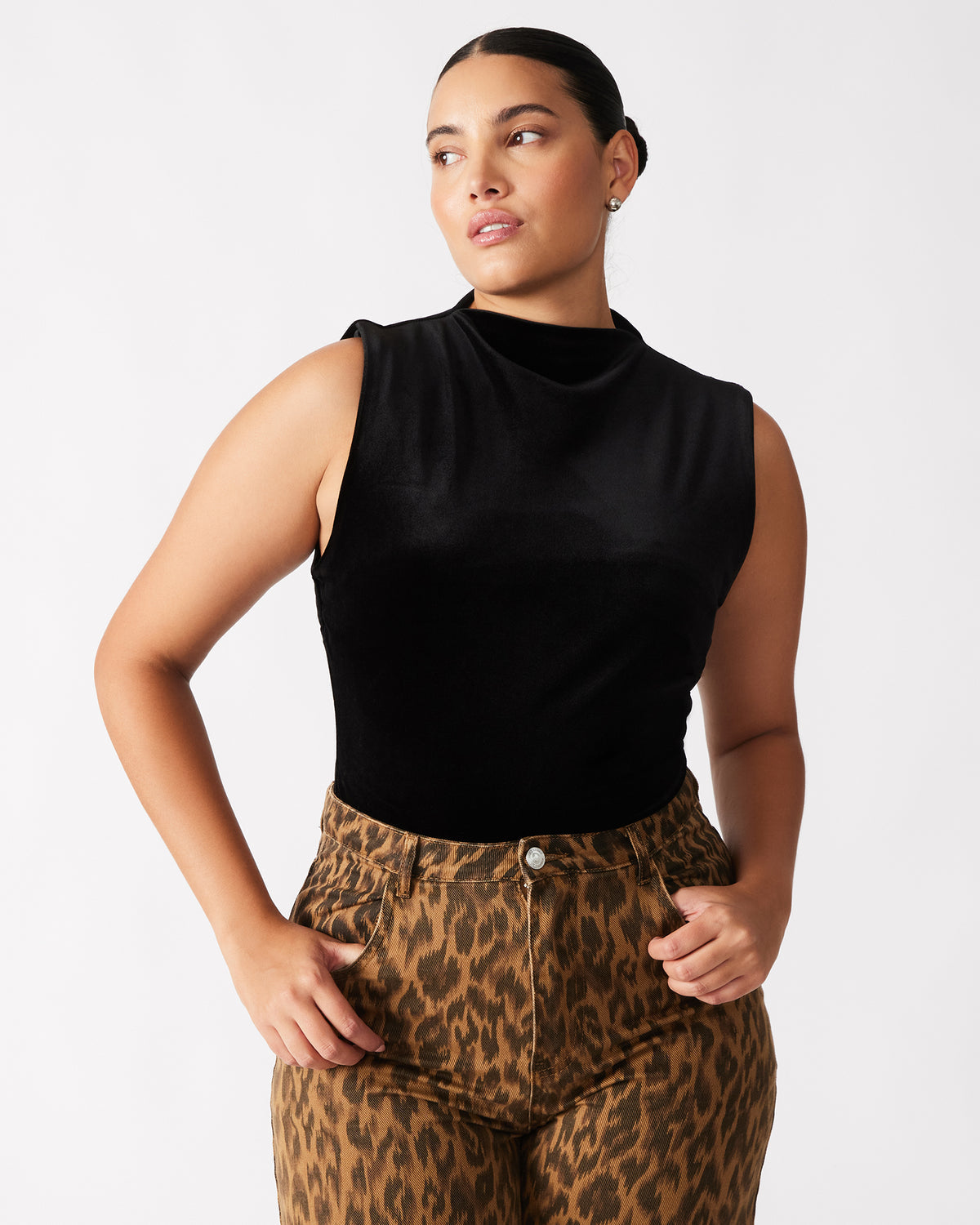 NIKOLA Black Women's Mock Neck Velvet Bodysuit