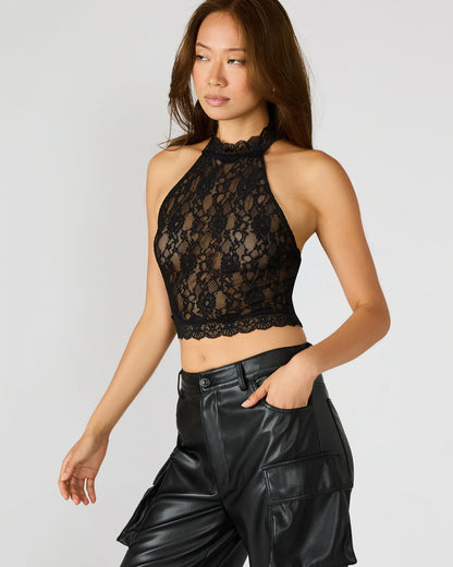 JUDY Black Lace Mesh Cropped Halter Women's Top