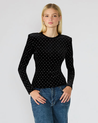 MADILYN Black Studded Velvet Long-Sleeved Rhinestone Embellished Women's Top