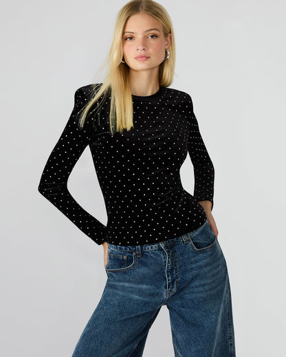 MADILYN Black Studded Velvet Long-Sleeved Rhinestone Embellished Women's Top