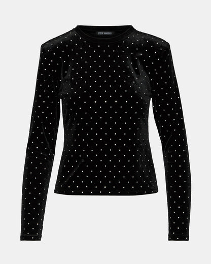 MADILYN Black Studded Velvet Long-Sleeved Rhinestone Embellished Women's Top