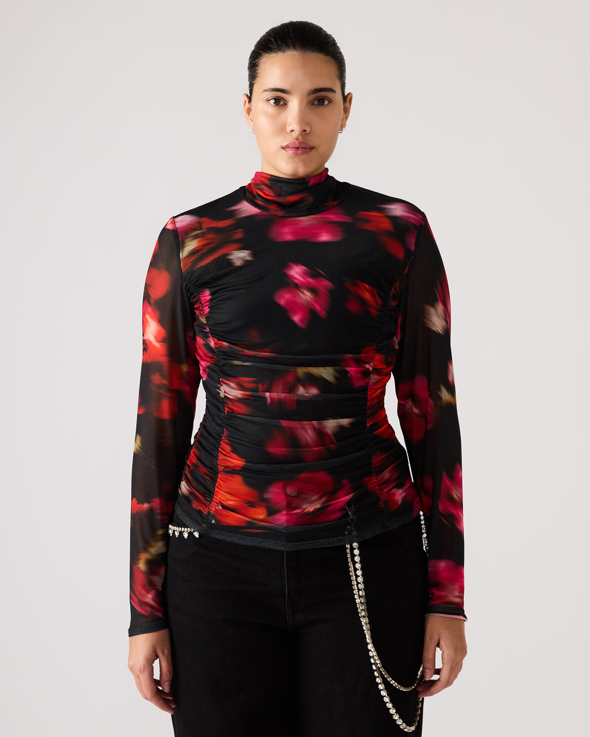 TAYLORE Blurry Floral Long-Sleeved Sheer Mesh Fabric Women's Top