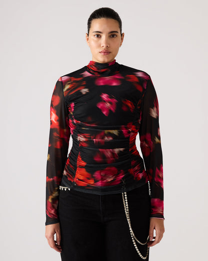 TAYLORE Blurry Floral Long-Sleeved Sheer Mesh Fabric Women's Top