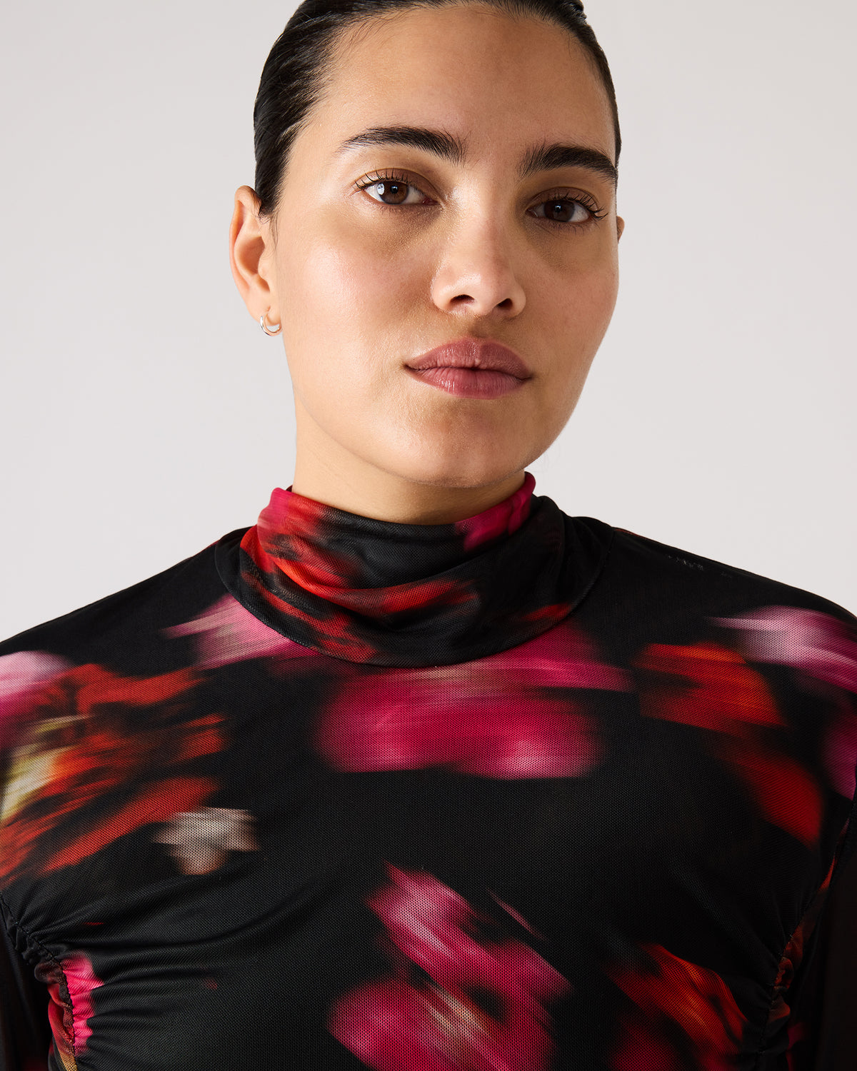 TAYLORE Blurry Floral Long-Sleeved Sheer Mesh Fabric Women's Top