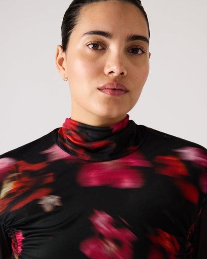 TAYLORE Blurry Floral Long-Sleeved Sheer Mesh Fabric Women's Top