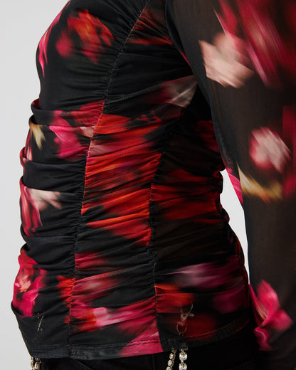 TAYLORE Blurry Floral Long-Sleeved Sheer Mesh Fabric Women's Top