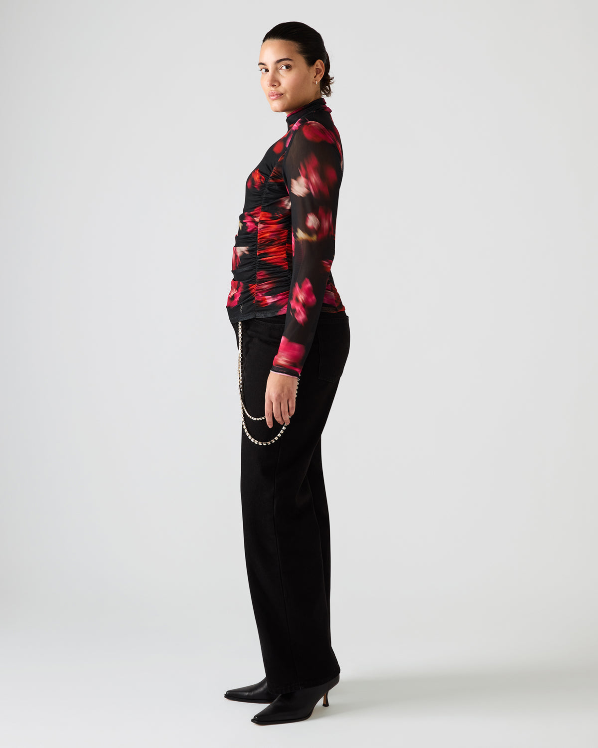 TAYLORE Blurry Floral Long-Sleeved Sheer Mesh Fabric Women's Top