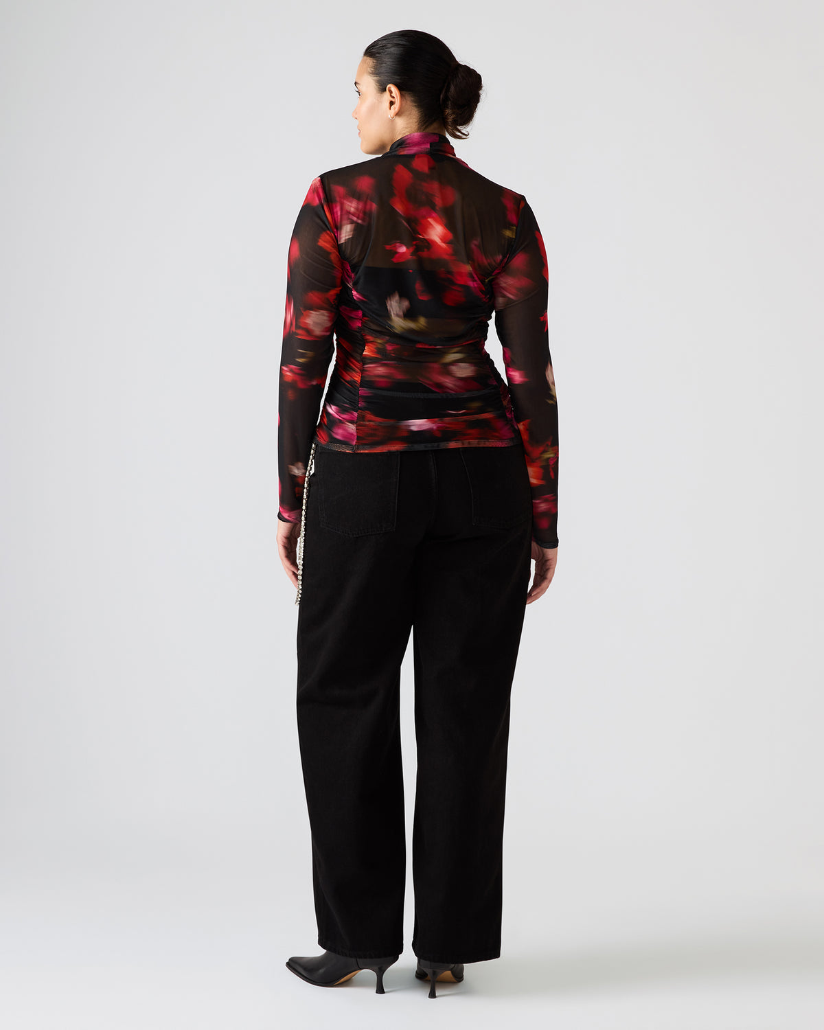 TAYLORE Blurry Floral Long-Sleeved Sheer Mesh Fabric Women's Top