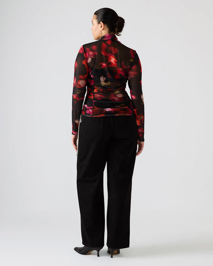 TAYLORE Blurry Floral Long-Sleeved Sheer Mesh Fabric Women's Top