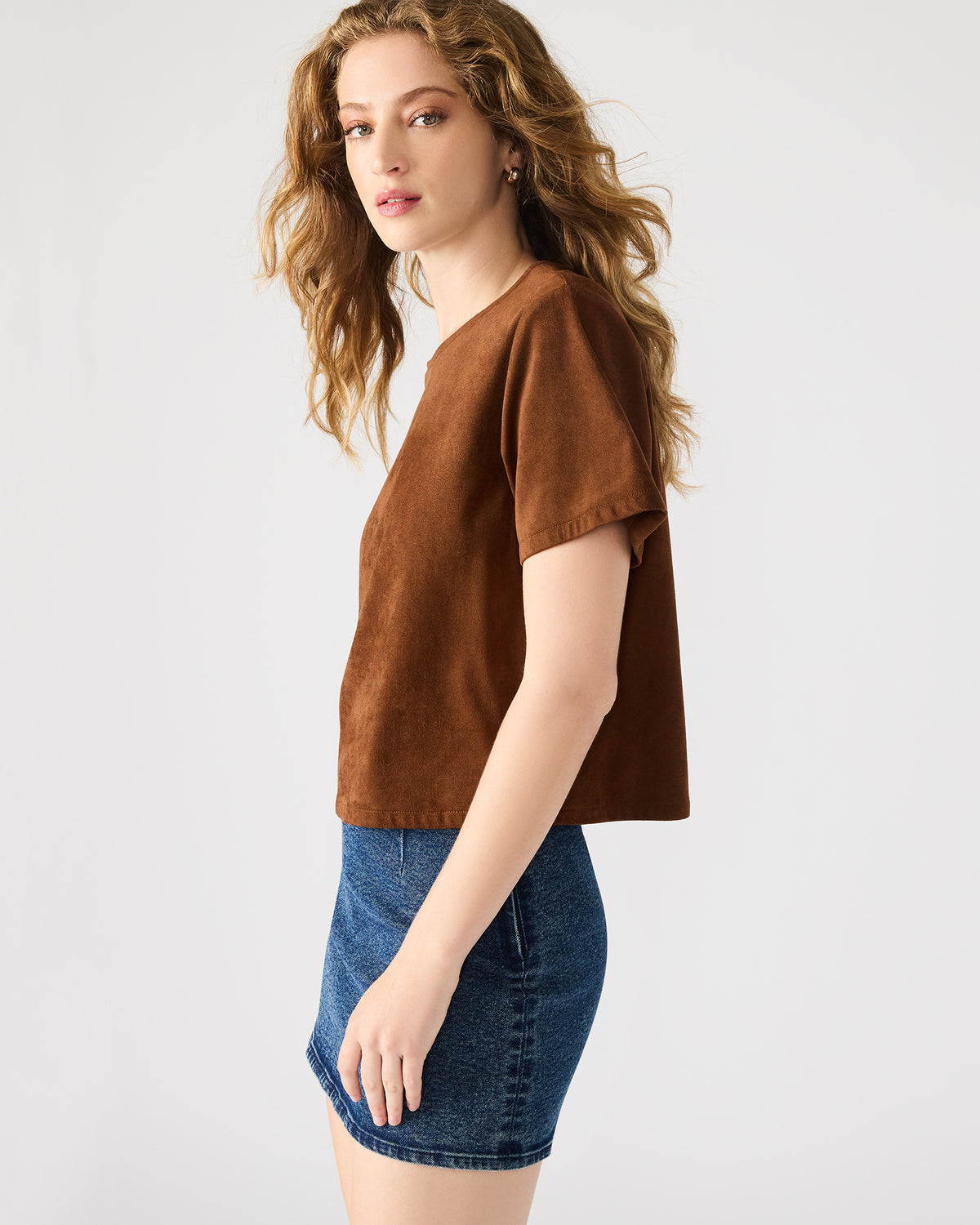 EZRA Chicory Coffee Short-Sleeved Faux-Suede Women's Top
