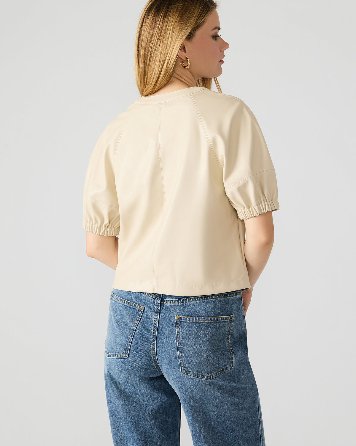 ROXANNE Bone Short-Sleeved Faux Leather Puff Sleeve Women's Top