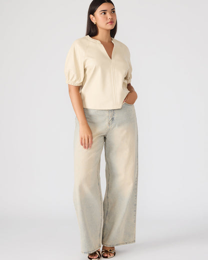 ROXANNE Bone Short-Sleeved Faux Leather Puff Sleeve Women's Top