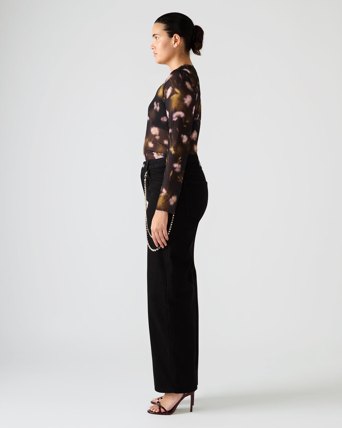 LILIANNA Black Multi Mesh Sheer Long-Sleeved Floral Print Women's Top