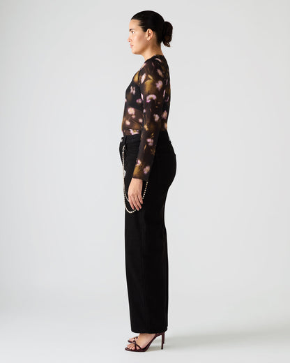 LILIANNA Black Multi Mesh Sheer Long-Sleeved Floral Print Women's Top