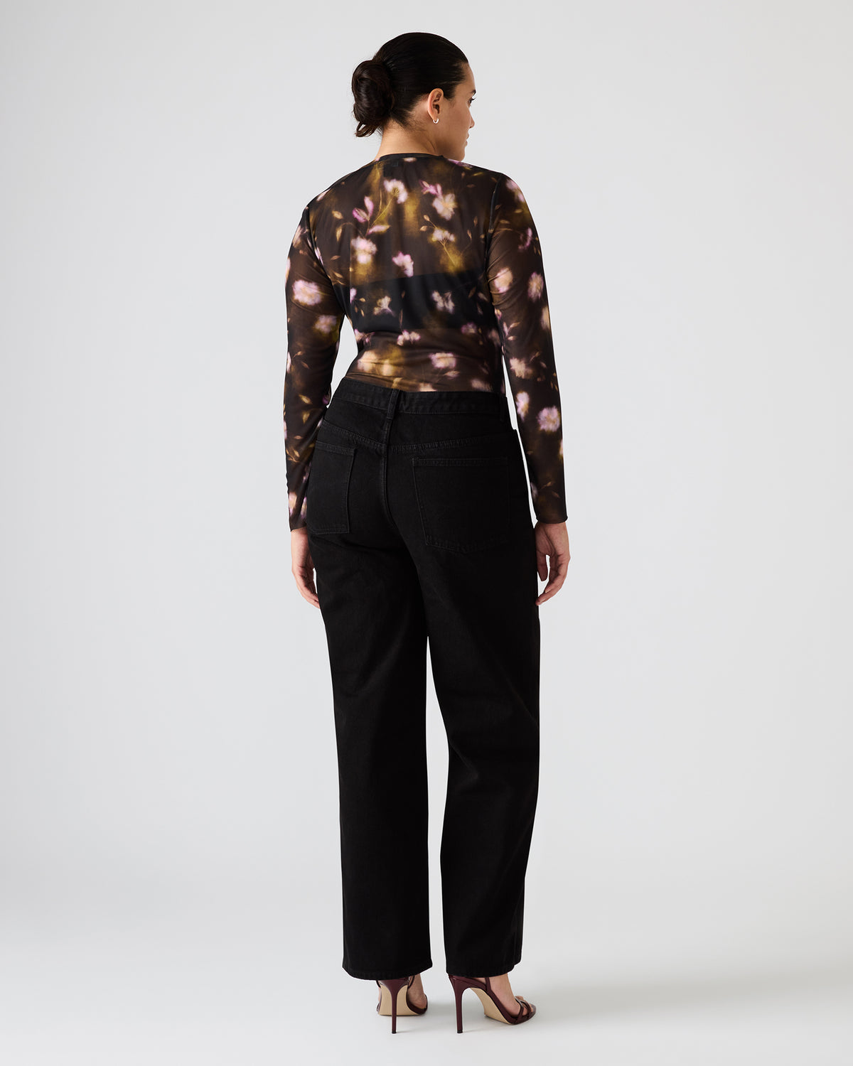 LILIANNA Black Multi Mesh Sheer Long-Sleeved Floral Print Women's Top