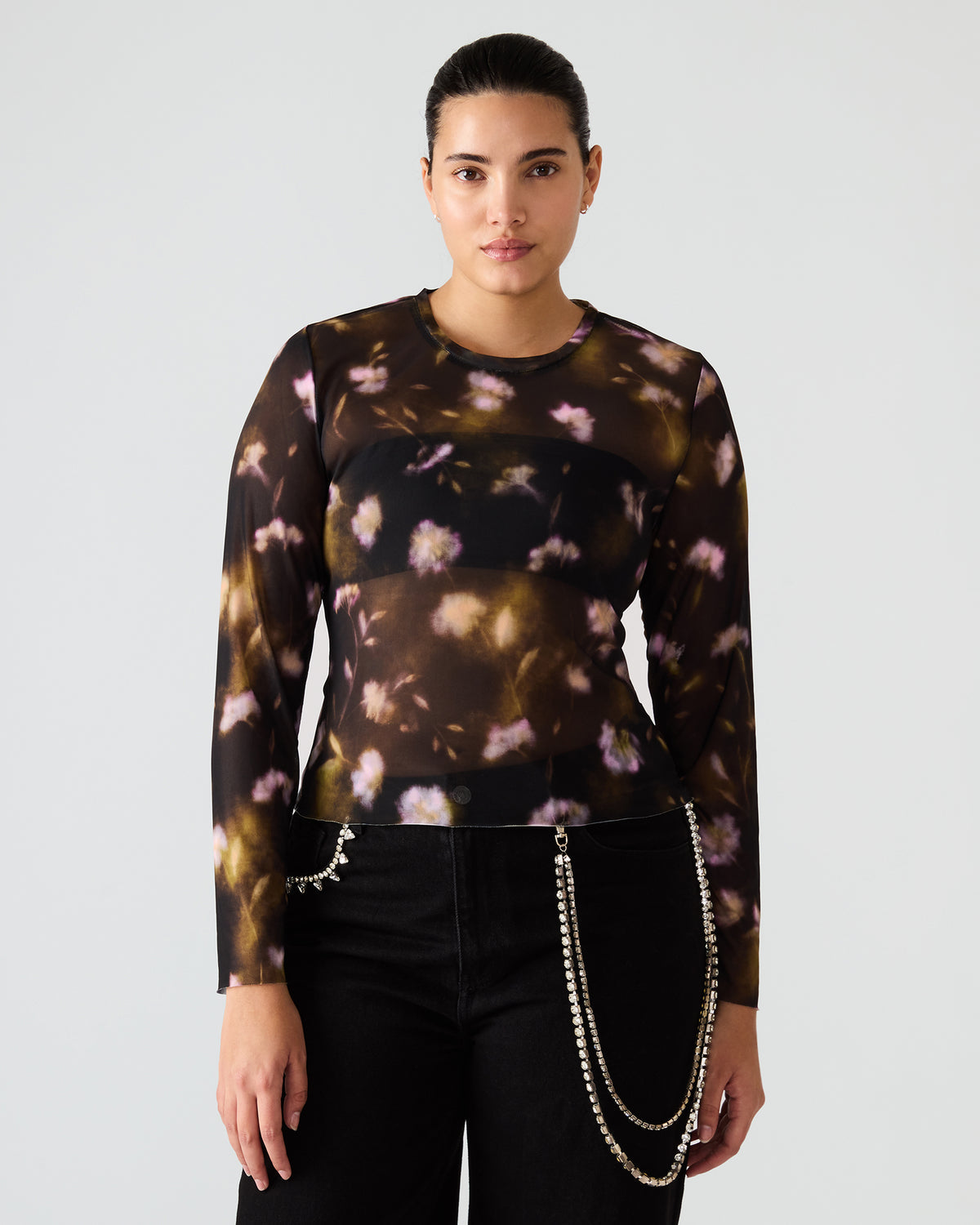 LILIANNA Black Multi Mesh Sheer Long-Sleeved Floral Print Women's Top