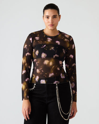 LILIANNA Black Multi Mesh Sheer Long-Sleeved Floral Print Women's Top