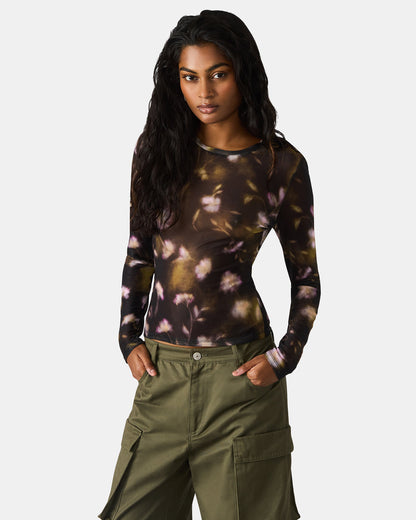 LILIANNA Black Multi Mesh Sheer Long-Sleeved Floral Print Women's Top