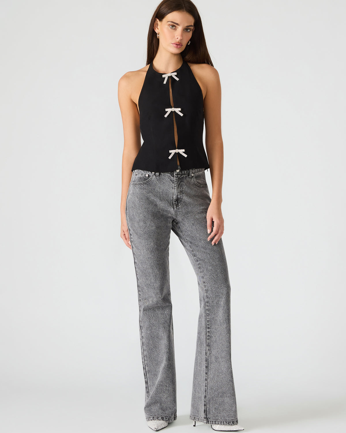 JUVIA Black Sleeveless Bow Detail Halter Women's Top