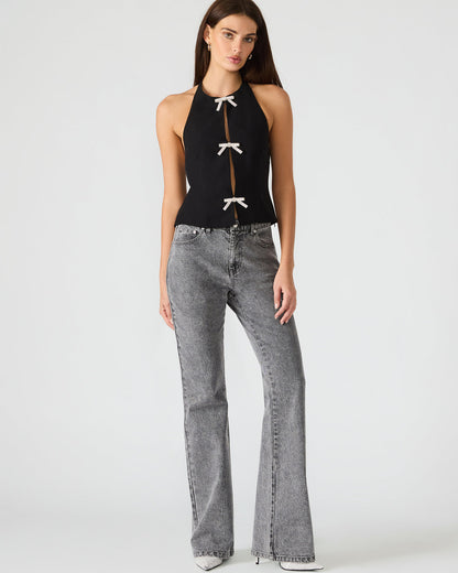 JUVIA Black Sleeveless Bow Detail Halter Women's Top