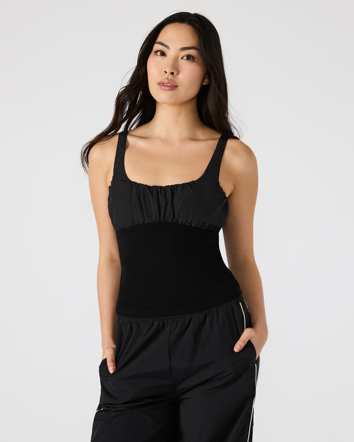 LUANA Black Pull-Over Ruched Tank Top