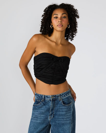 MARTINE Black Strapless Ruched Cropped Corset Women's Top