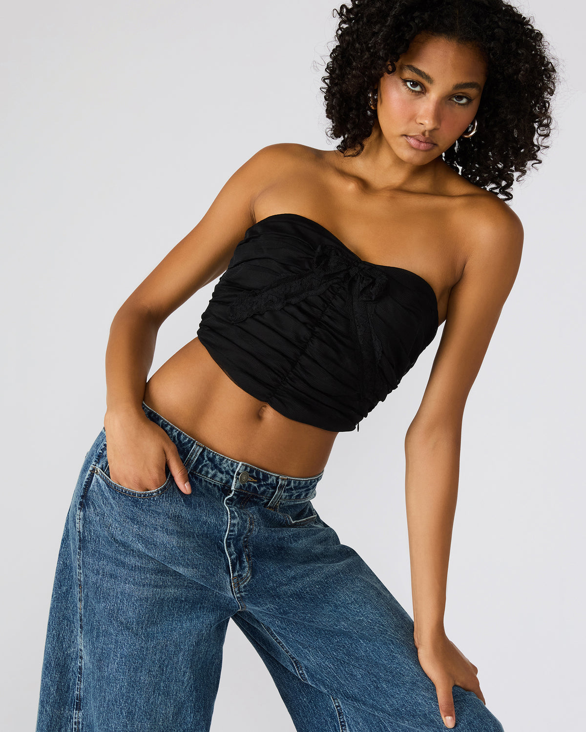 MARTINE Black Strapless Ruched Cropped Corset Women's Top