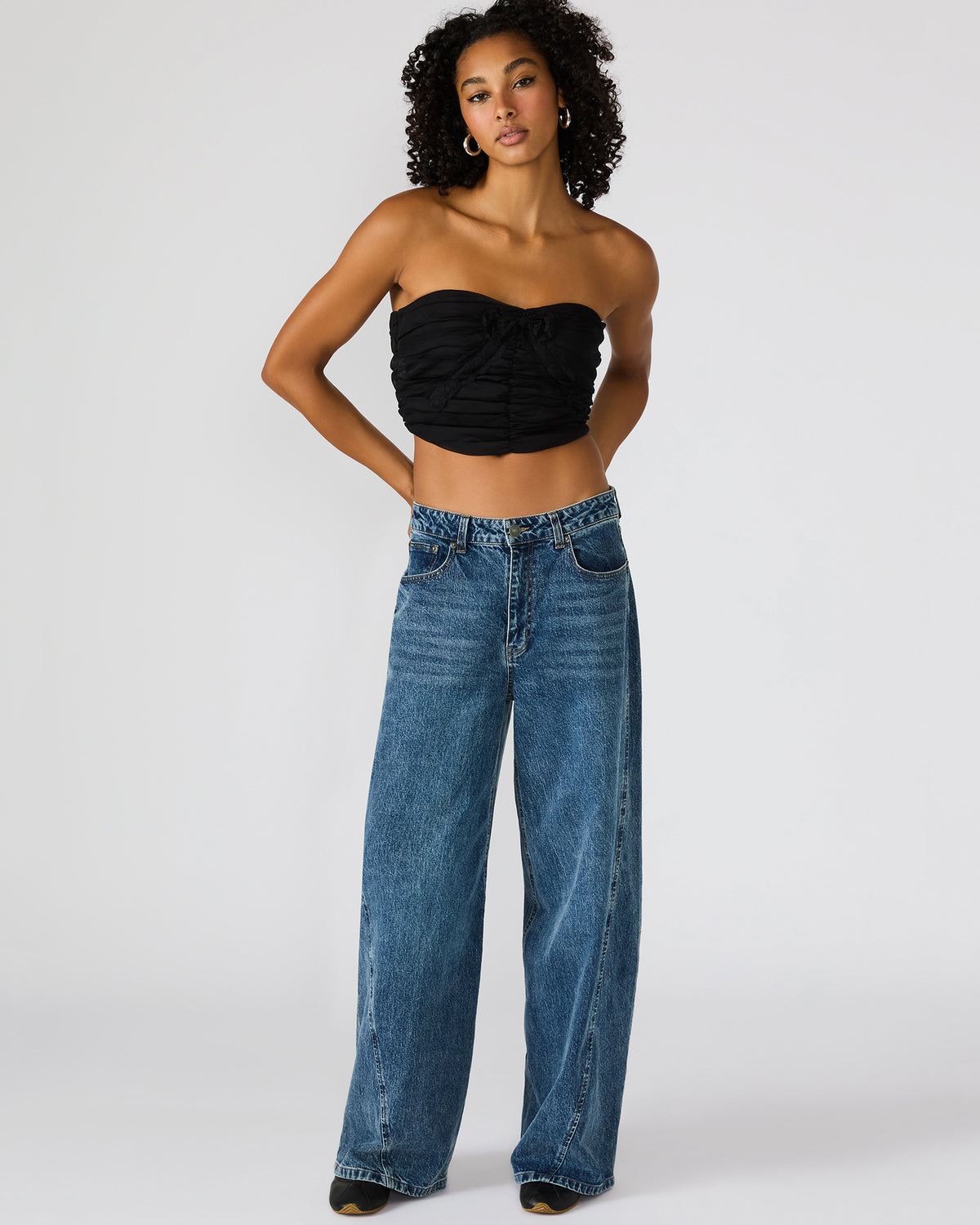 MARTINE Black Strapless Ruched Cropped Corset Women's Top