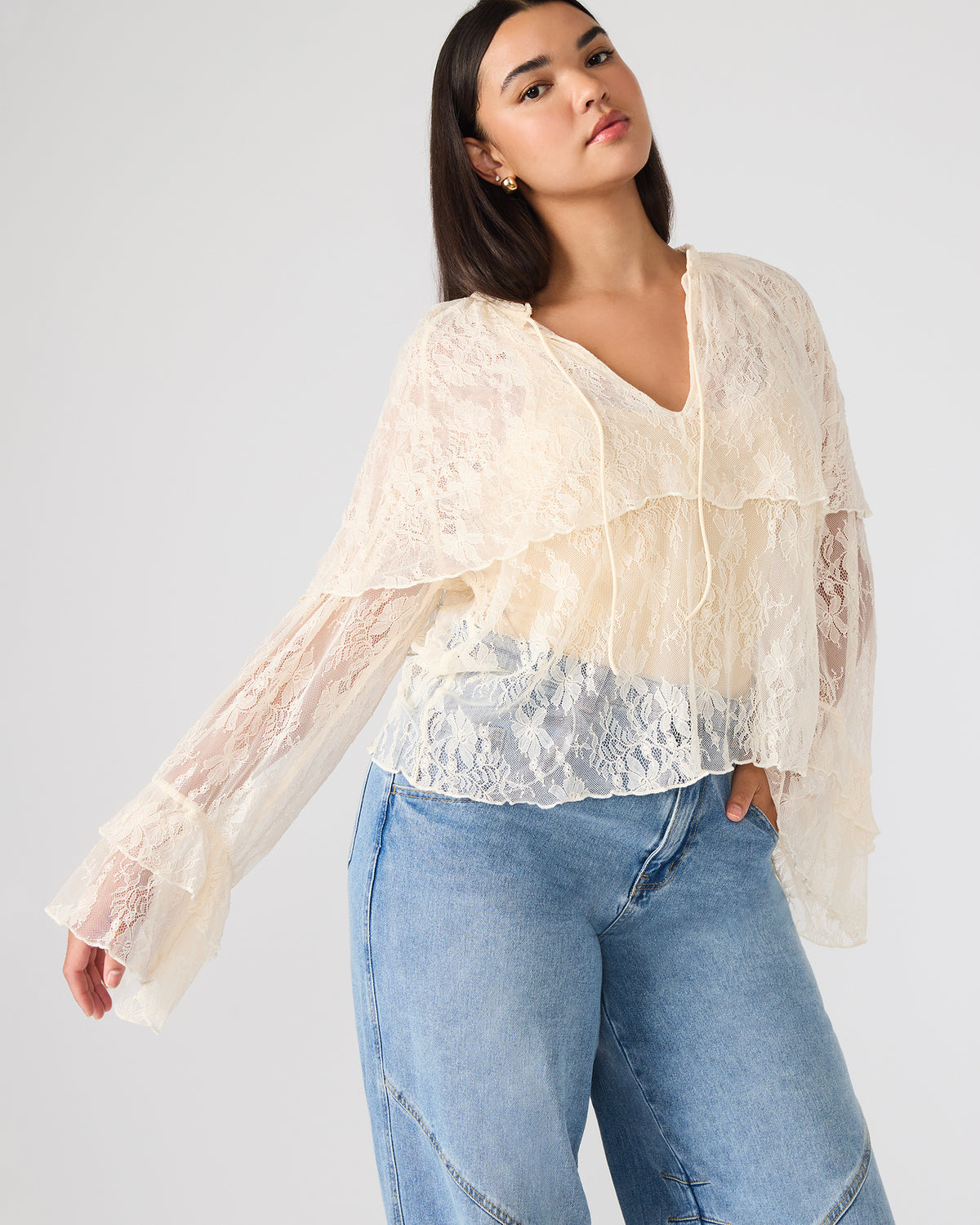 SAYLOR Cream Long-Sleeved Ruffle Mesh Lace Women's Top