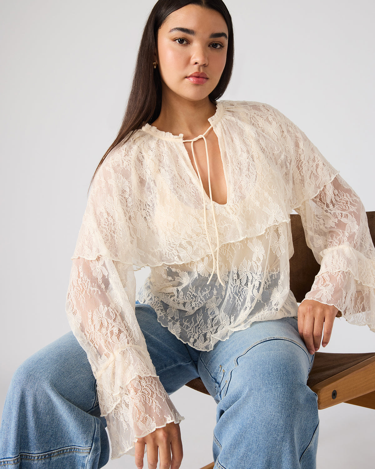 SAYLOR Cream Long-Sleeved Ruffle Mesh Lace Women's Top