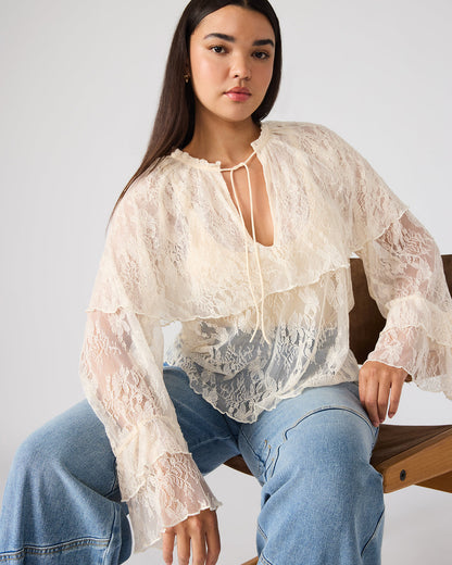 SAYLOR Cream Long-Sleeved Ruffle Mesh Lace Women's Top