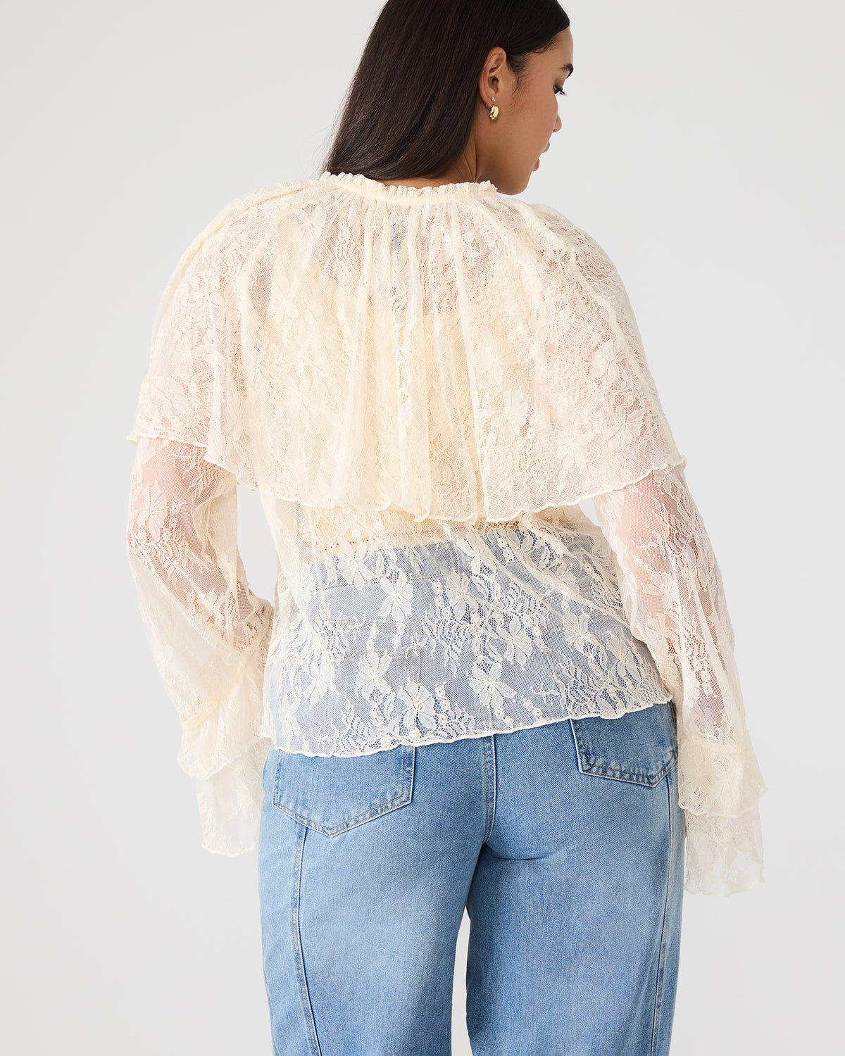 SAYLOR Cream Long-Sleeved Ruffle Mesh Lace Women's Top