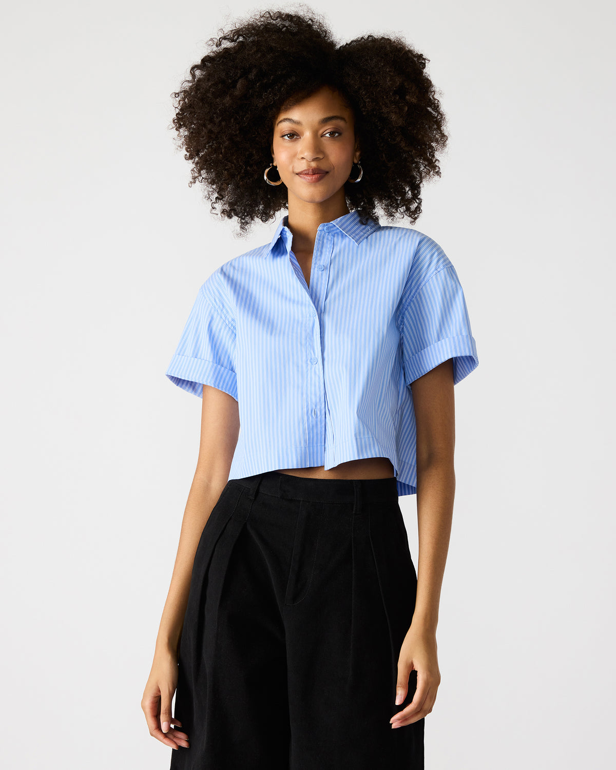 TULA Blue/White Women's Collared Button-Up Pinstripe Top