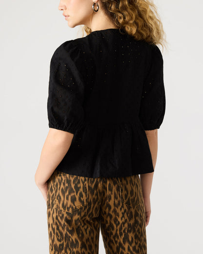 PAULA Top Black Short-Sleeved Tie-Front Eyelet Top