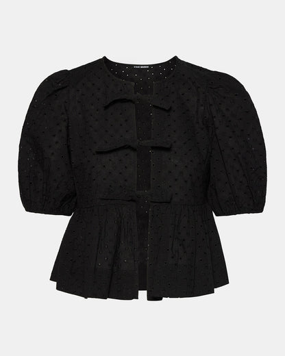 PAULA Top Black Short-Sleeved Tie-Front Eyelet Top