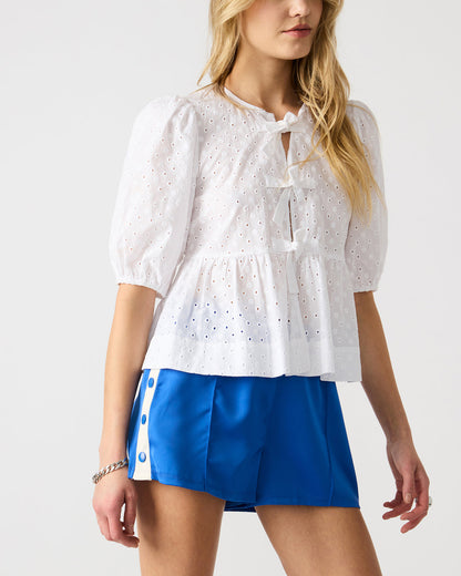 PAULA Top White Short-Sleeved Tie-Front Eyelet Top