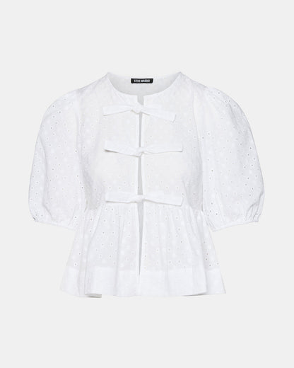 PAULA Top White Short-Sleeved Tie-Front Eyelet Top