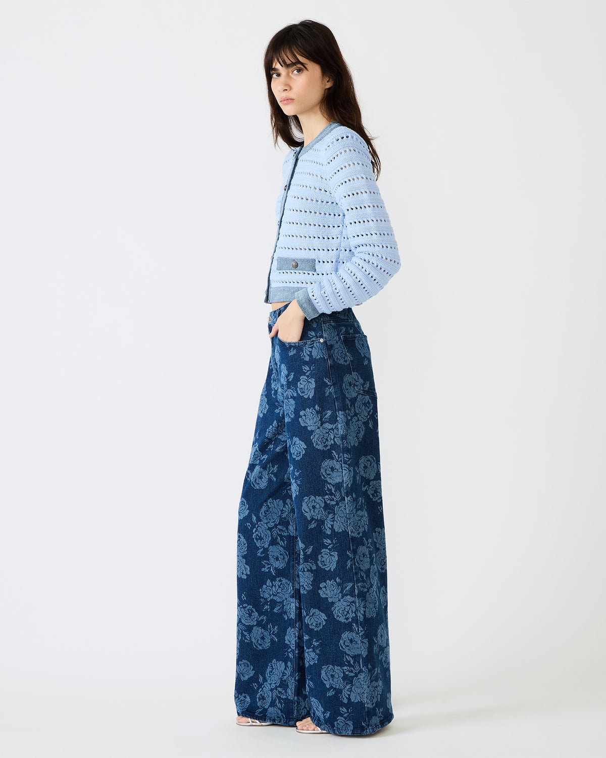 JAXON Rose Frost Wide-Leg Denim Floral Print Women's Jeans